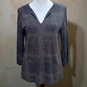 es se Abstract Crackle Print Stretch Tunic Top 3/4 Sleeves Made in USA (Sz S)